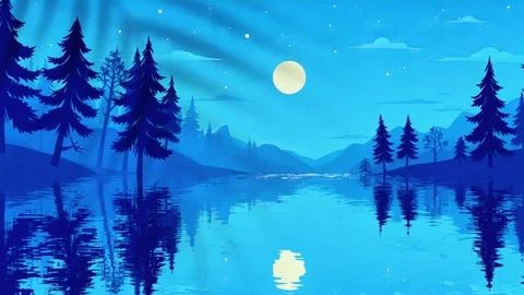 Forest of Reflections: Tranquil Waters Under a Starry Moonlight Stock Footage 307470514