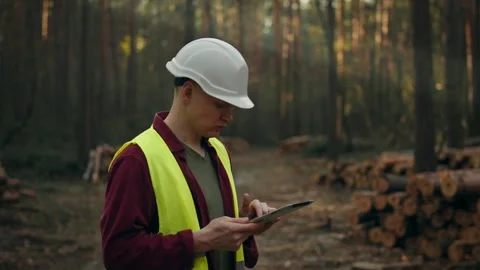 A forest resource engineer conducts a tree cutting audit, holding a tablet i Stock Footage 276575358