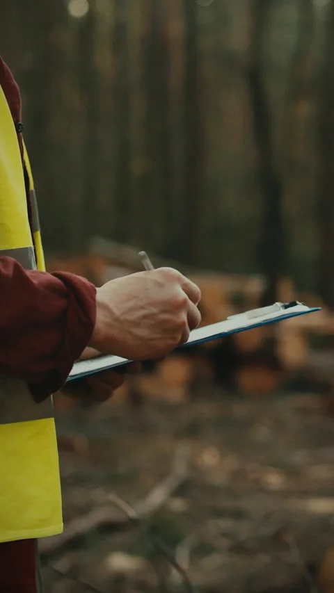 Forest resource engineer conducts tree cutting audit in wooded area with tab Stock Footage 331582547