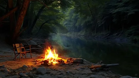 Forest river camping fire Stock Footage 274414461