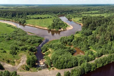 Forest river from a height in the taiga Stock Photos