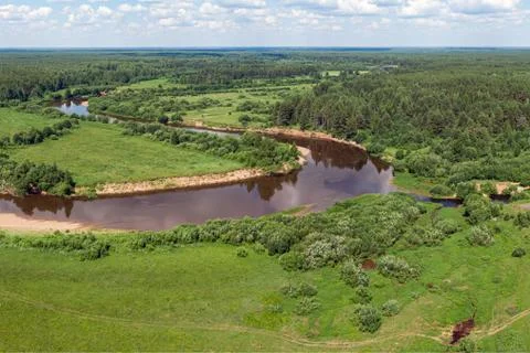 Forest river from a height in the taiga Stock Photos