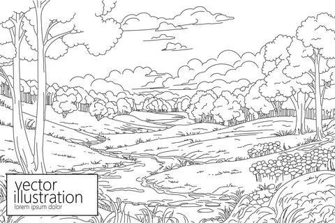 Forest with river line simple drawing background. Minimal outline art symbol Stock Illustration