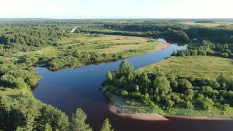 Forest river in the summer taiga from a height of flight Stock Footage 136685135