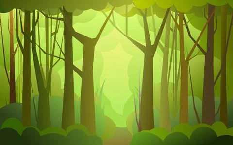 Forest Road. Dense wild trees with tall, branched trunks. Summer green landsc Stock Illustration