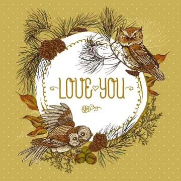 Forest round frame with owls, spruce and fir cones Stock Illustration