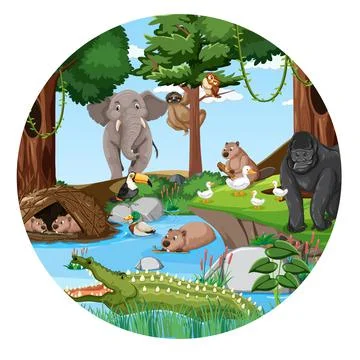 Forest in round shape with wild animals Stock Illustration