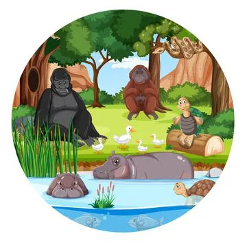 Forest in round shape with wild animals Stock Illustration