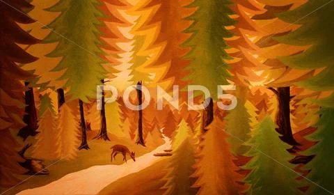 Forest Scene With Deer Drinking From Stream Stock Illustration
