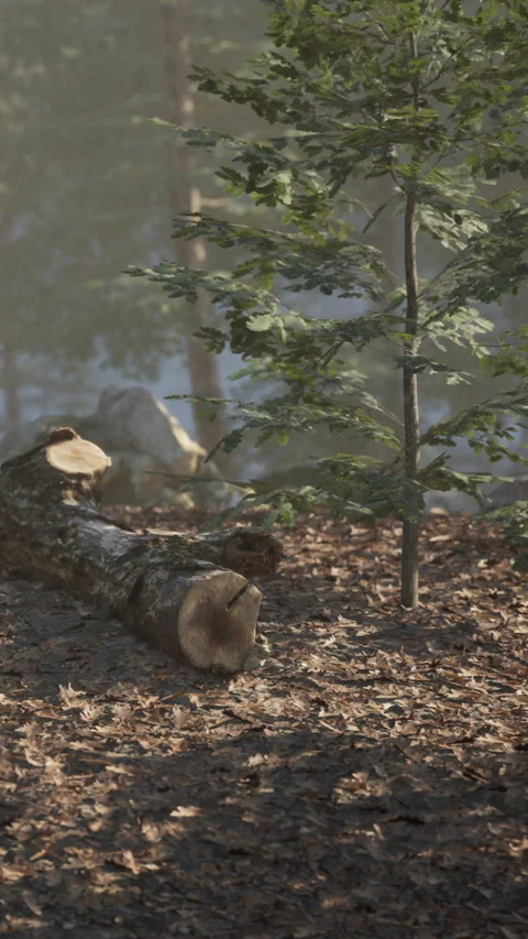 Forest scene with fallen log and small tree on the ground near water Stock Footage 342109146