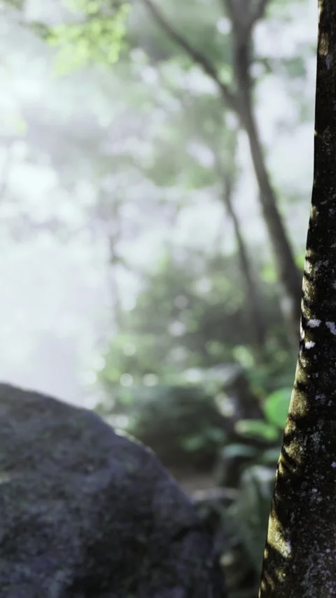 Forest scene with light filtering through trees and a large rock formation Stock Footage 331689127