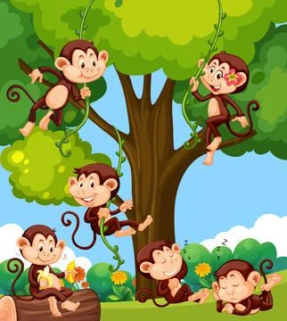 Forest scene with little monkeys doing different activities Stock Illustration