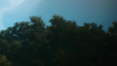 Forest scene with mountain background and river in morning light Stock Footage 340026362
