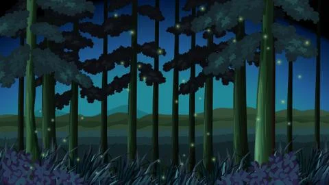 Forest scene at night with fireflies Illustration
