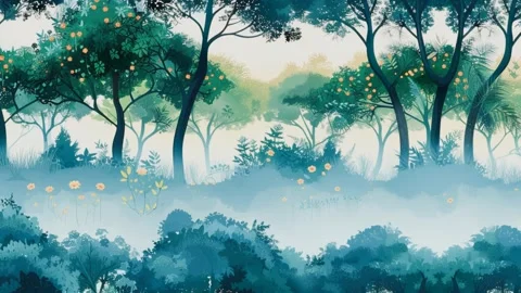 Forest scene with trees and bushes in the background, pattern endless loop Vidéo 274849102