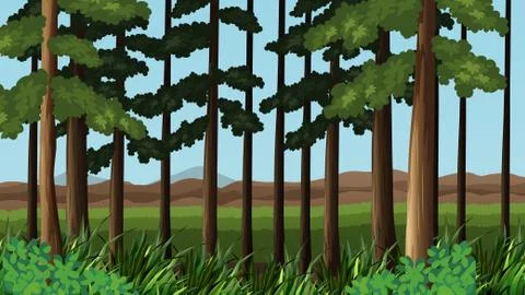 Forest scene with trees and field Stock Illustration