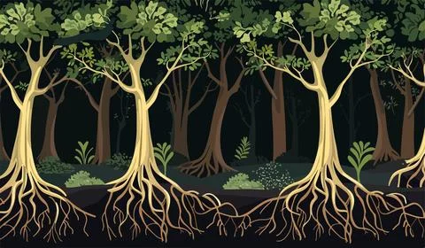 A forest scene with trees and roots Stock Illustration