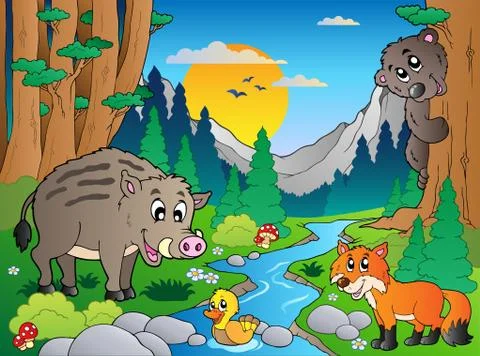Forest scene with various animals  Stock Illustration