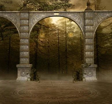 Forest scenery with ancient arcades Stock Illustration