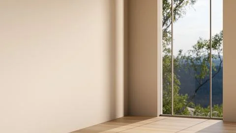 Forest scenery and warm sunlight through glass window over wooden parquet f.. イラスト素材