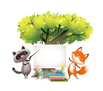Forest School under Tree Animals Reading Studying Stock Illustration