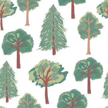 Forest seamless pattern with abstract green tree silhouettes. Isolated botani Illustrazione stock
