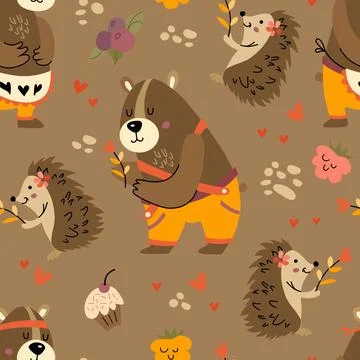 Forest seamless pattern with bear, and hedgehog. Cute animals with sweets and Stock Illustration