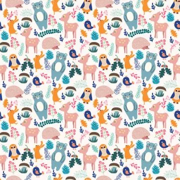 Forest seamless pattern with cute animals  bird, deer, bear, rabbit, hedgehog Stock Illustration