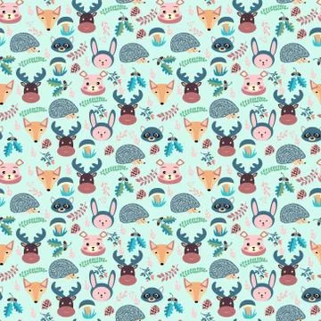 Forest seamless pattern with cute animals fox, deer, bear, rabbit, hedgehog Illustrazione stock