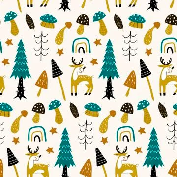 Forest seamless pattern with cute animals deer. Vector illustration. Hand draw Illustrazione stock