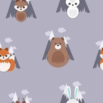 Forest seamless pattern with cute animals-fox, deer, bear, rabbit. Vector Illustrazione stock