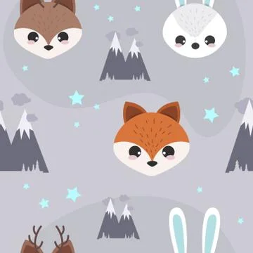 Forest seamless pattern with cute animals-fox, deer, bear, rabbit. Vector Stock Illustration