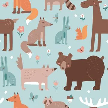 Forest seamless pattern with cute animals - fox, moose, bear, rabbit, wolf and Stock Illustration