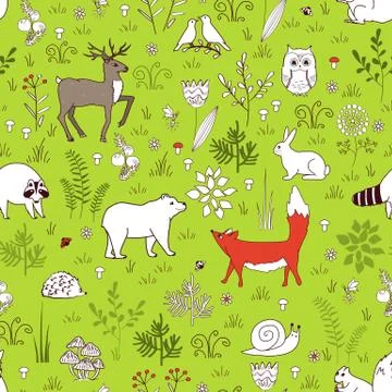 Forest seamless pattern with cute bear, fox, hedgehog, birds, bees, butterfli Stock Illustration