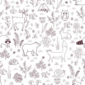 Forest seamless pattern with cute bear, fox, hedgehog, birds, bees, butterfli Illustrazione stock