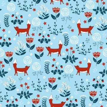 Forest seamless pattern with cute little foxes Stock Illustration