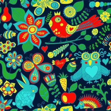 Forest seamless pattern. floral background.owl, rabbit, butterfly, hedgehog.  Stock Illustration