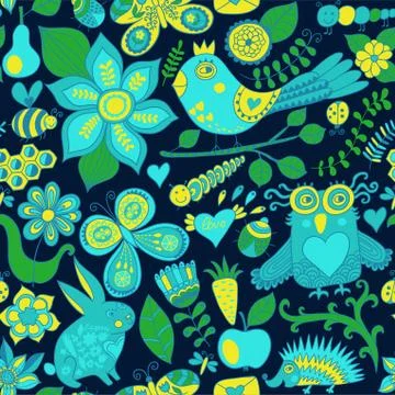 Forest seamless pattern. floral background.owl, rabbit, butterfly, hedgehog.  Stock Illustration