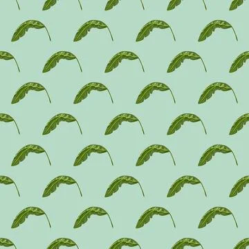 Forest seamless pattern with green little banana leaves print. Pastel blue ba Stock Illustration