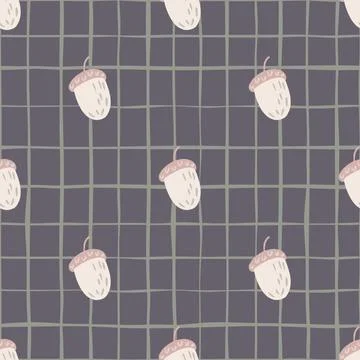 Forest seamless pattern with hand drawn acorn light elements. Grey chequered  스톡 일러스트