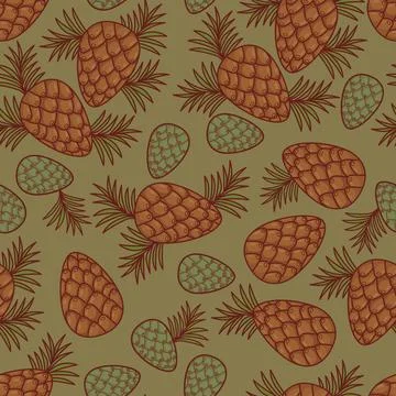 Forest Seamless Pattern With Pine Cones and Branches. Green Baby Cones And .. Illustrazione stock