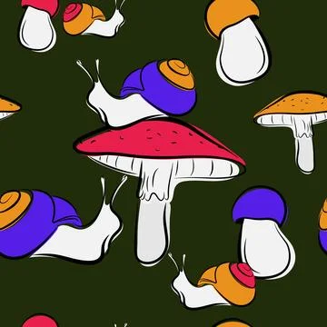 Forest seamless pattern. Snail, mushroom and toadstool. Stock Illustration
