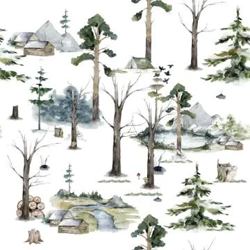 Forest seamless pattern with tree. Mountain watercolor background illustration Stock Illustration