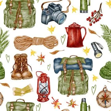 Forest seamless pattern. Wild nature. Camping watercolor seamless background Illustrazione stock