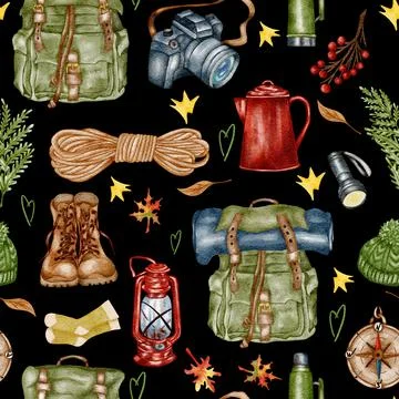 Forest seamless pattern. Wild nature. Camping watercolor seamless background Illustrazione stock