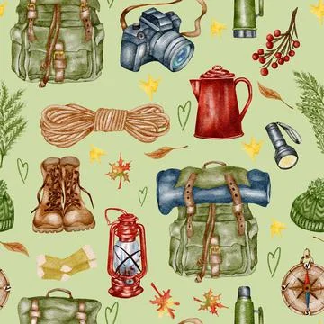 Forest seamless pattern. Wild nature. Camping watercolor seamless background Stock Illustration