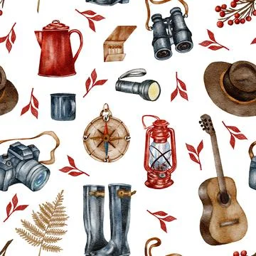 Forest seamless pattern. Wild nature. Camping watercolor seamless background Stock Illustration