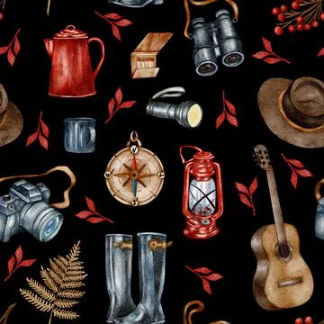 Forest seamless pattern. Wild nature. Camping watercolor seamless background Stock Illustration