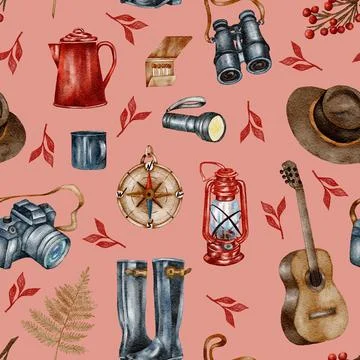 Forest seamless pattern. Wild nature. Camping watercolor seamless background Stock Illustration