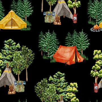 Forest seamless pattern. Wild nature. Camping watercolor seamless background Stock Illustration